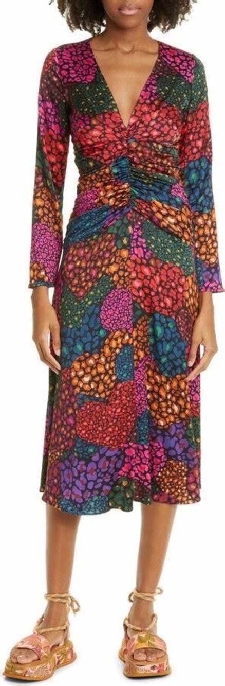 Farm Rio Rainbow Hearts Print Viscose Long Sleeve V-Neck Midi Dress Size Small